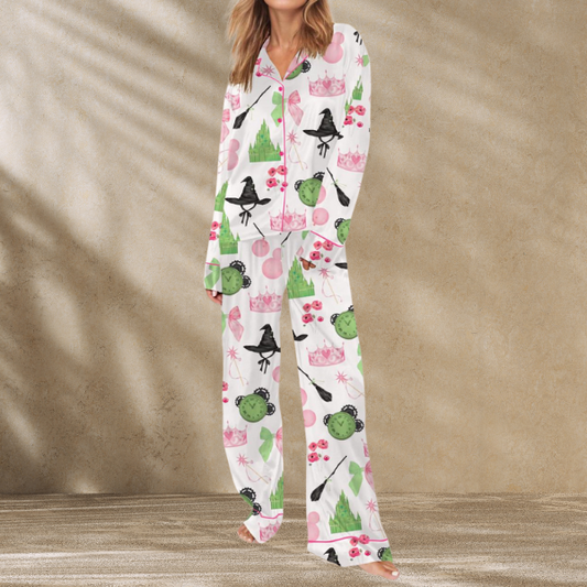 Wicked Pink And Green Satin Pajama Set For Women