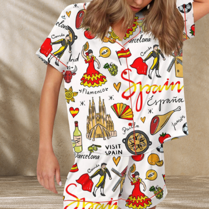 Spain Travel Satin Pajama Set For Women
