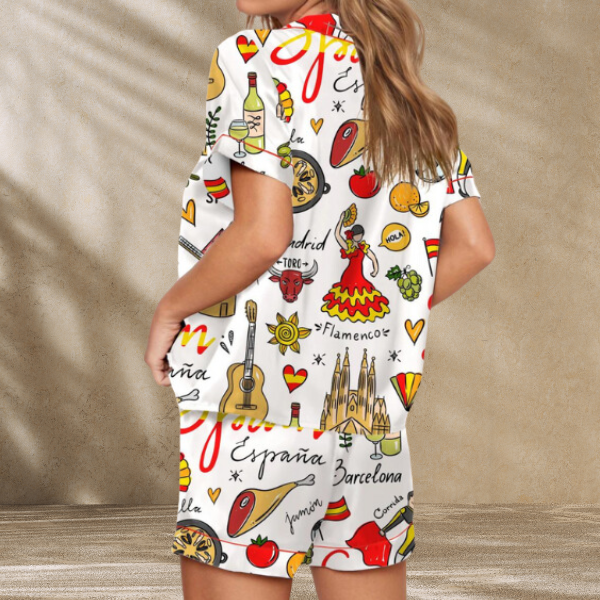 Spain Travel Satin Pajama Set For Women