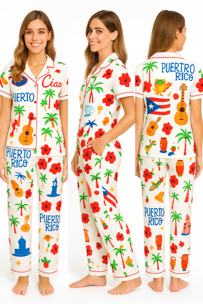Puerto Rico Vacation Satin Pajama Set For Women