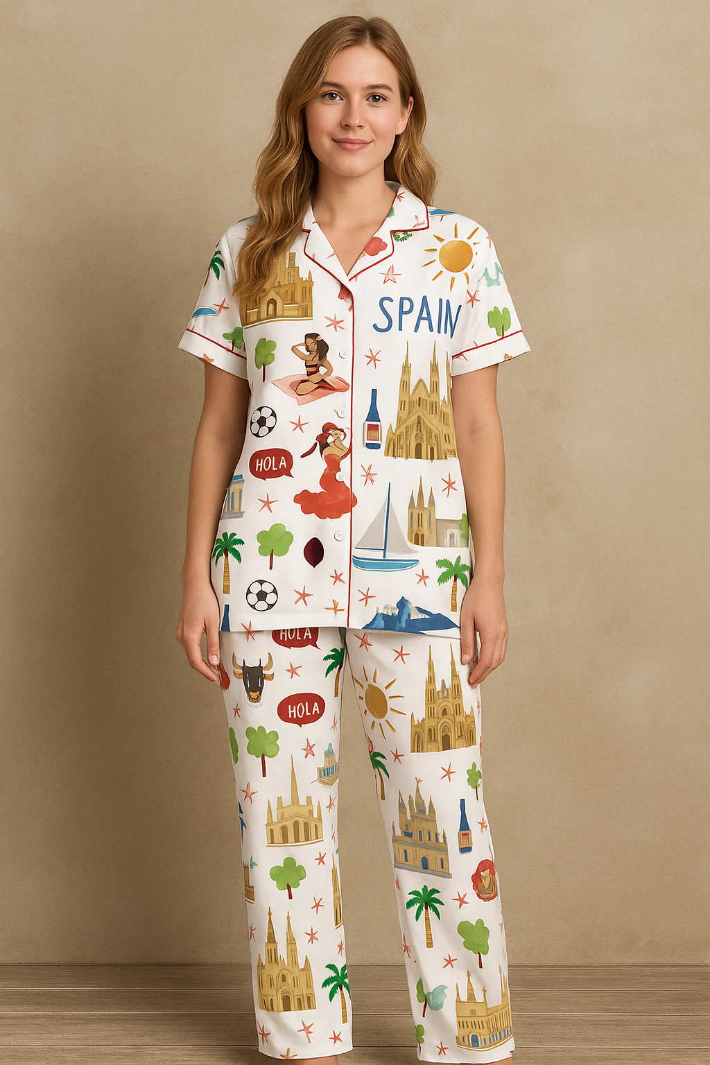 Spain Travel Watercolor Pajama Set For Women
