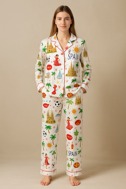 Spain Travel Watercolor Pajama Set For Women