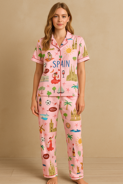 Spain Travel Watercolor Pajama Set For Women