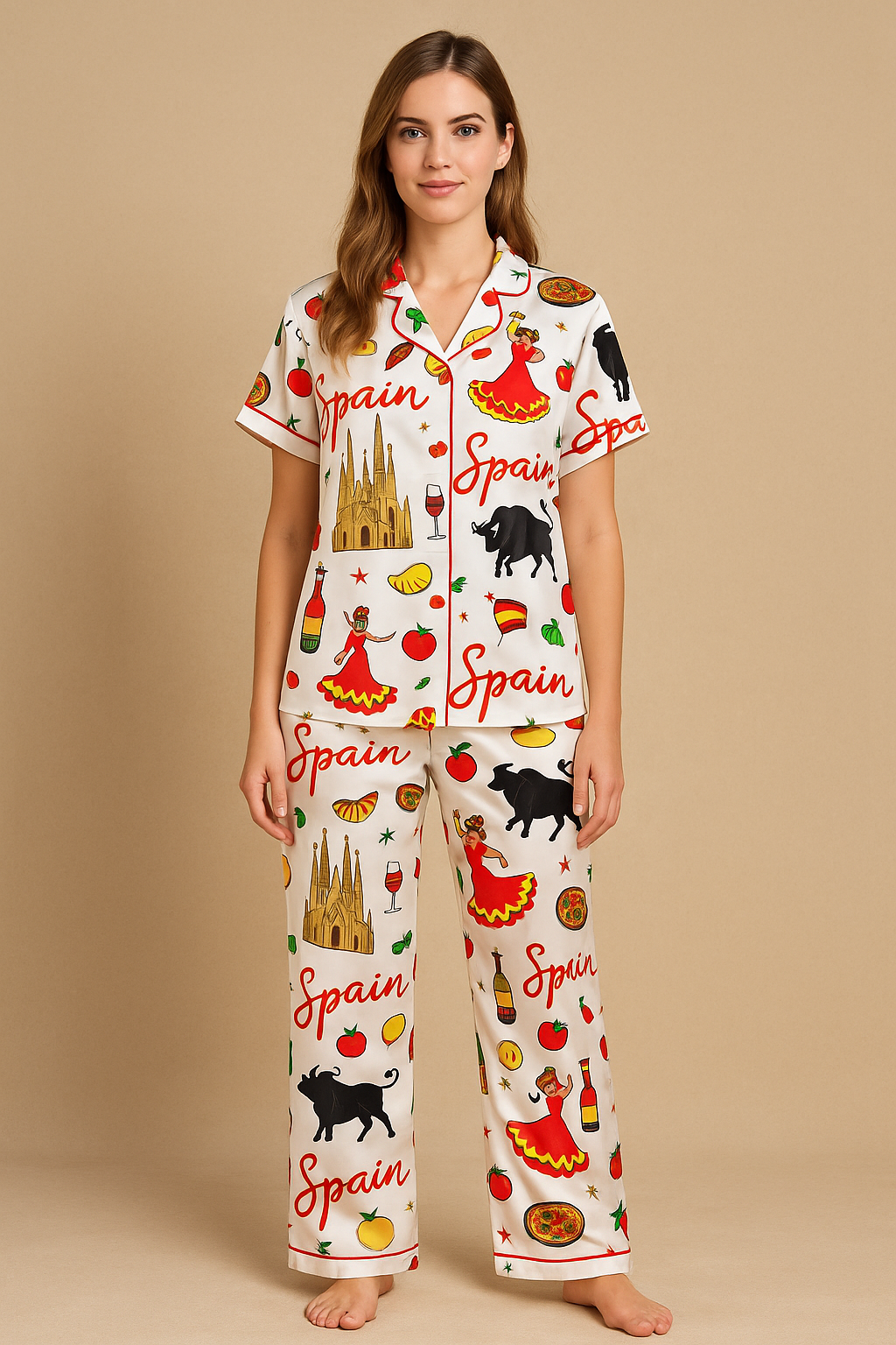 Spain Travel Satin Pajama Set For Women