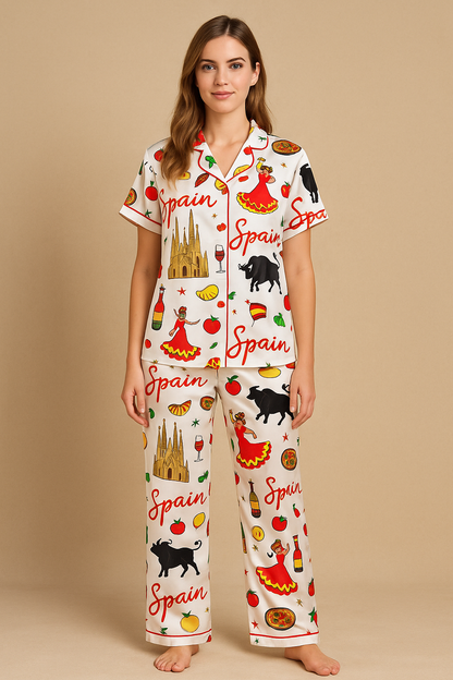 Spain Travel Satin Pajama Set For Women