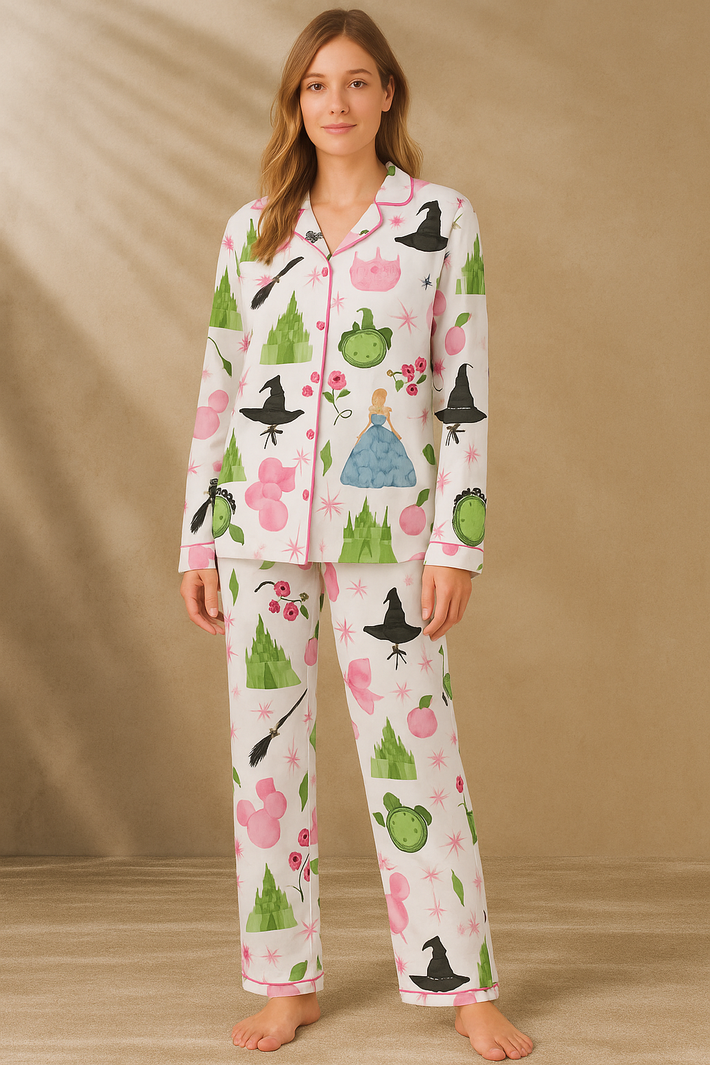 Wicked Pink And Green Satin Pajama Set For Women
